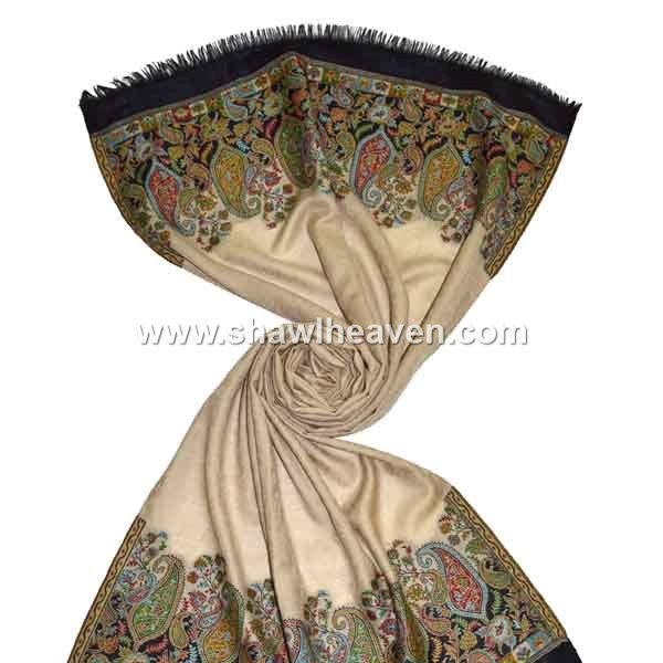 Soft Beige black kani wool shawls with decorated pallu